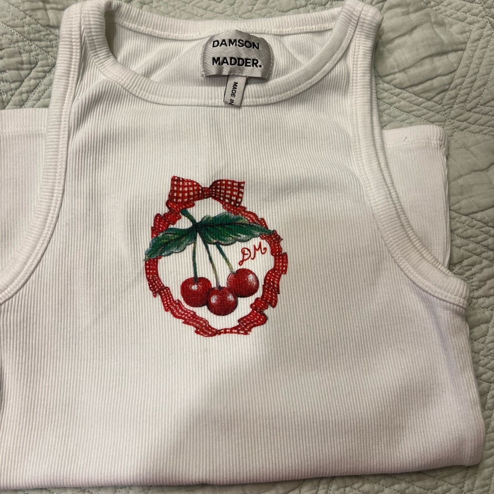 Damson Madder White Tank Top with Cherry Embroidery